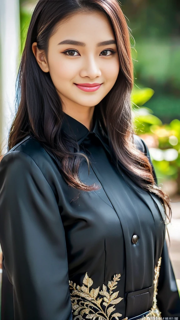 Indonesian girl, 18 years old, (masterpiece), Javanese skin tone, best quality, expressive eyes, perfect face, (ultra realistic), (black Formal Suit), Smile, Long Black Hair, innocent face, natural wavy hair, brown eyes, High resolution, masterpiece, Best quality, intricate high detail, highly detailed, focus sharp focus, detailed skin, realistic skin texture, texture, detailed eyes, professional, 4K, charming smile, filmed on Canon, 85 mm, shallow depth of field, Kodak Vision Color, perfect fit body, Extremely detailed, photograph_\(ultra\ ), photoreallistic, Realstic, Post-processing, Maximum details, roughness, real life, ultra realist, photorealism, photography, 8K UHD, photography