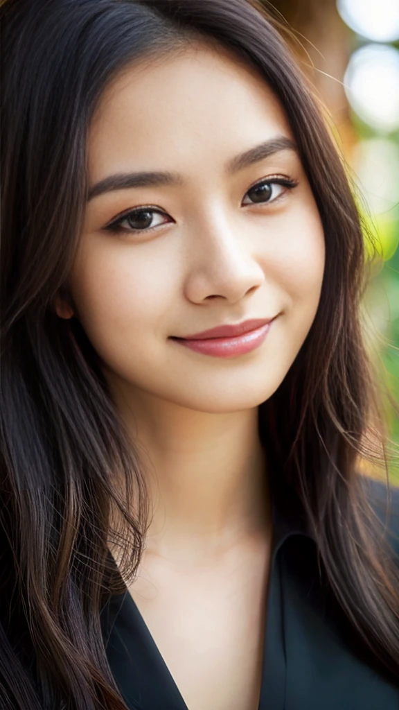 Indonesian girl, 18 years old, (masterpiece), Javanese skin tone, best quality, expressive eyes, perfect face, (ultra realistic), (black Formal Suit), Smile, Long Black Hair, innocent face, natural wavy hair, brown eyes, High resolution, masterpiece, Best quality, intricate high detail, highly detailed, focus sharp focus, detailed skin, realistic skin texture, texture, detailed eyes, professional, 4K, charming smile, filmed on Canon, 85 mm, shallow depth of field, Kodak Vision Color, perfect fit body, Extremely detailed, photograph_\(ultra\ ), photoreallistic, Realstic, Post-processing, Maximum details, roughness, real life, ultra realist, photorealism, photography, 8K UHD, photography