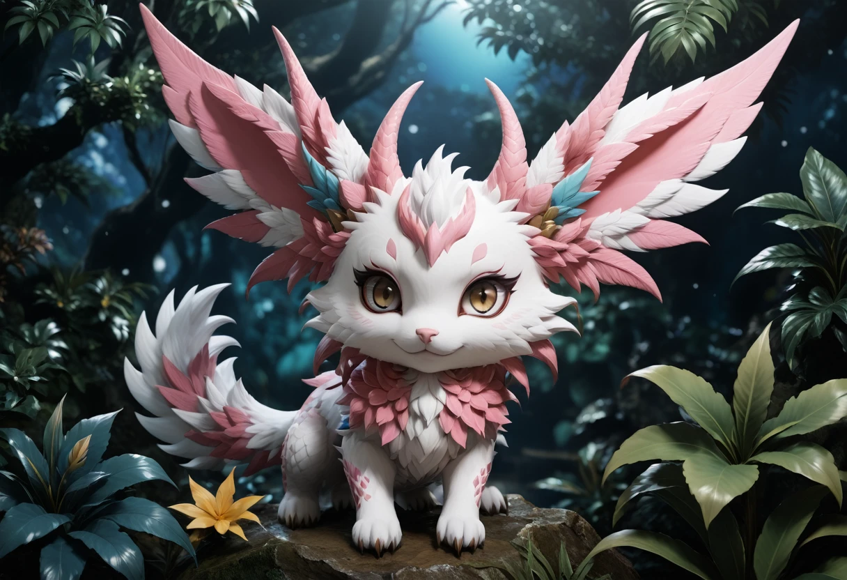 Kawaii style monster hunter mizutsune, in the jungle at night, FOG, partly cloudy, Delicate eyes, shrub, Lovely, Lovely, bright coloring, hapiness, Anime influence, Very detailed