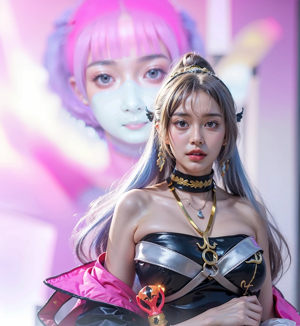 a close up of a 4 girls , white and black hair , big booobs , shadowbringers cinematic, 4 k detail fantasy, a beautiful fantasy empress, game cg, xianxia fantasy, xianxia hero, 2. 5 d cgi anime fantasy artwork, cinematic goddess close shot, ruan jia and artgerm, wow 4 k detail fantasy, hyperdetailed fantasy character, The image shows a 3D rendering of an anime-style female character with blue hair, wearing a black and gold outfit, standing in a futuristic city with a cityscape in the background, wow 8k resolution, super clean face, clean face, face detailed, super face detail, high resolution, super high resolution, super realisme, very high resolution and dark background and subtle blur.