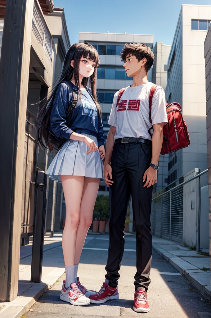 Teenage men and teenage women face each other in front of the high school building with flat expressions on their faces