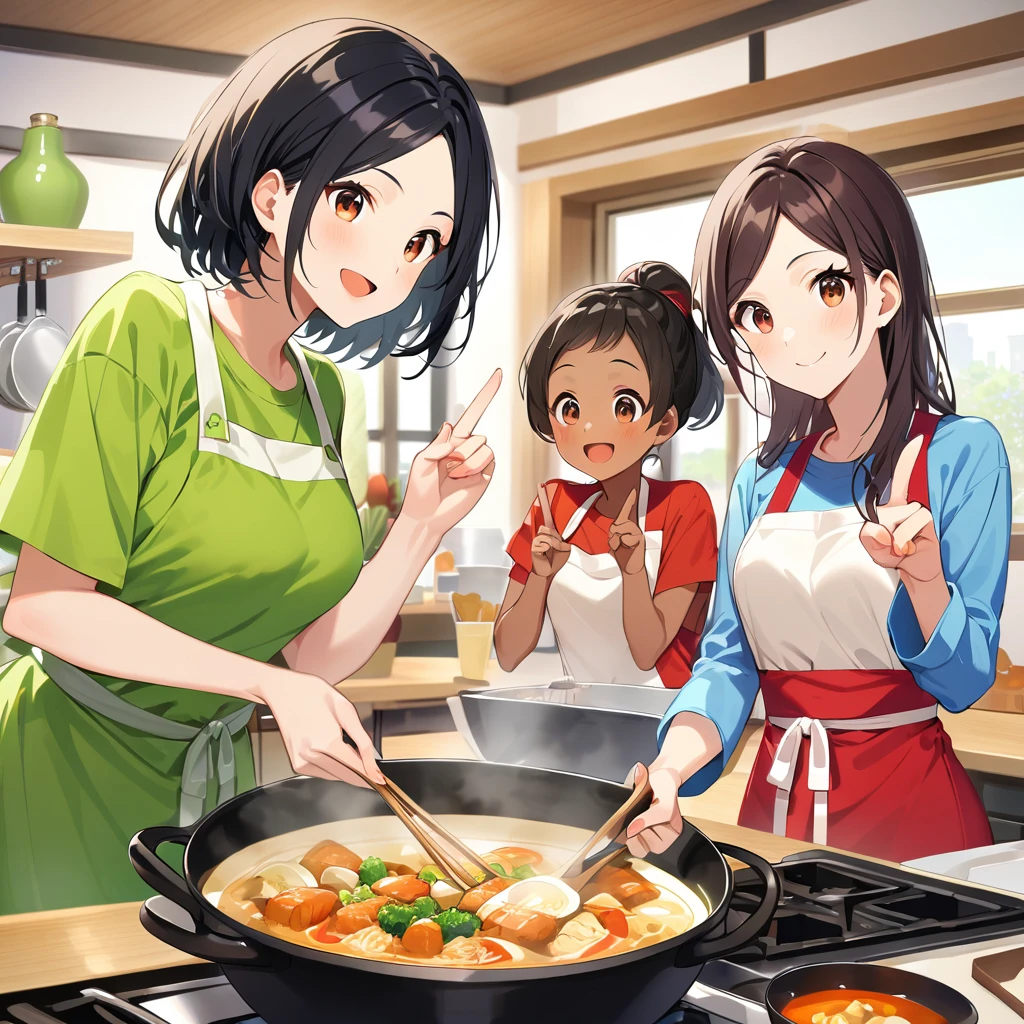 A confident smile, Home kitchen with large windows,Smiling children and their mothers,短いBlack Hair, Brown eyes,Brown Skin,Two students、Making a gesture commonly associated with the peace sign while speaking (Tele from the restaurant), skirt, Black Hair, indoor, Cooking Japanese food, shirt, ((((Complete faithful finger))))