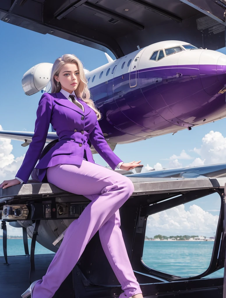 (Best Quality, high resolution, Masterpiece: 1.2), ultra detailed, realist: 1.37, (perfect anatomy), whole body, 1 girl in, flying, a beautiful and perfect AMBER HEARD, 28 years old, (FLIGHT ATTENDANT) ) beautiful eyes, beautiful elegant pose, whole body, detailed facial features, detailed hair, Detailed costume, Dazzling eyes, Beautiful lips (wearing a red elegant suit, violet and white) long, CABIN AIRPLANE