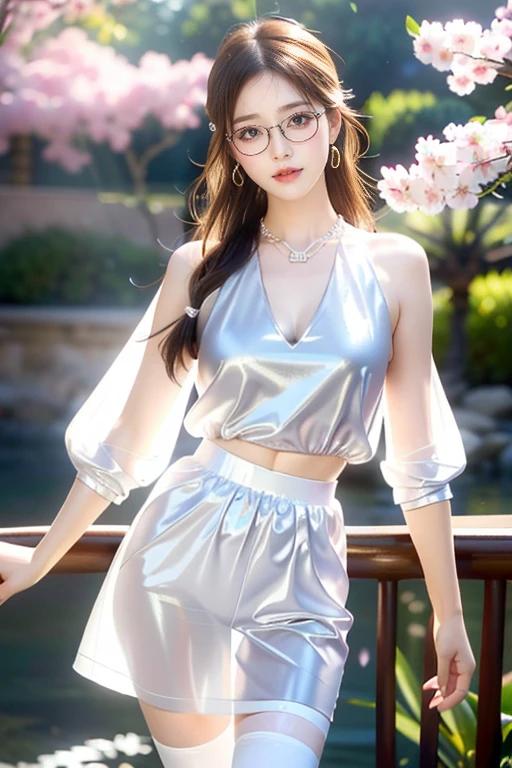 waterfall hot spring background at night,(8K Ultra HD、Digital SLR Camera、Soft Light、high quality、Volumetric Lighting、frank、photo、high resolution、4K、8K、Bokeh),(Rich details on the eyes and face,warm color, Very saturated colors,Show a charming smile, Willow Leaf Eyebrows,Apricot eye prick,Cherry Blossom, mouth close, Balanced Eyes, Oval face,Perfect face, Pretty Face, Skin is transparent and visible, Fine-skinned tender meat,cosmetic, (Glasses),earrings,Bracelet,necklace, Jewelry,veil,Hair accessories),(Create stunning images of real girls, warm light, Dynamic poses, Elegant Posture, Cowboy lens, Full body front view,Looks confident from the front,Body front facing the camera,Standing posture facing the camera,Open your legs slightly,Golden Ratio Graphics,Minimalism ), Southeast Asian women,Waist-length hair,Messy Hairstyle, Gradient hairstyles,Cyberpunk hairstyle,(Transparent clothes:1),Pink clothes,Thin clothes。Transparent mesh clothes,Transparent clothes,Transparent shirt,Transparent louver skirt(Sexy,Perfect breast shape、very detailed breasts,34E cup),No underwear,(Super high waist,Waist hollow,Levain),Black socks.(Transparent knee socks、吊garter,Leg ring,garter、腿部garter)