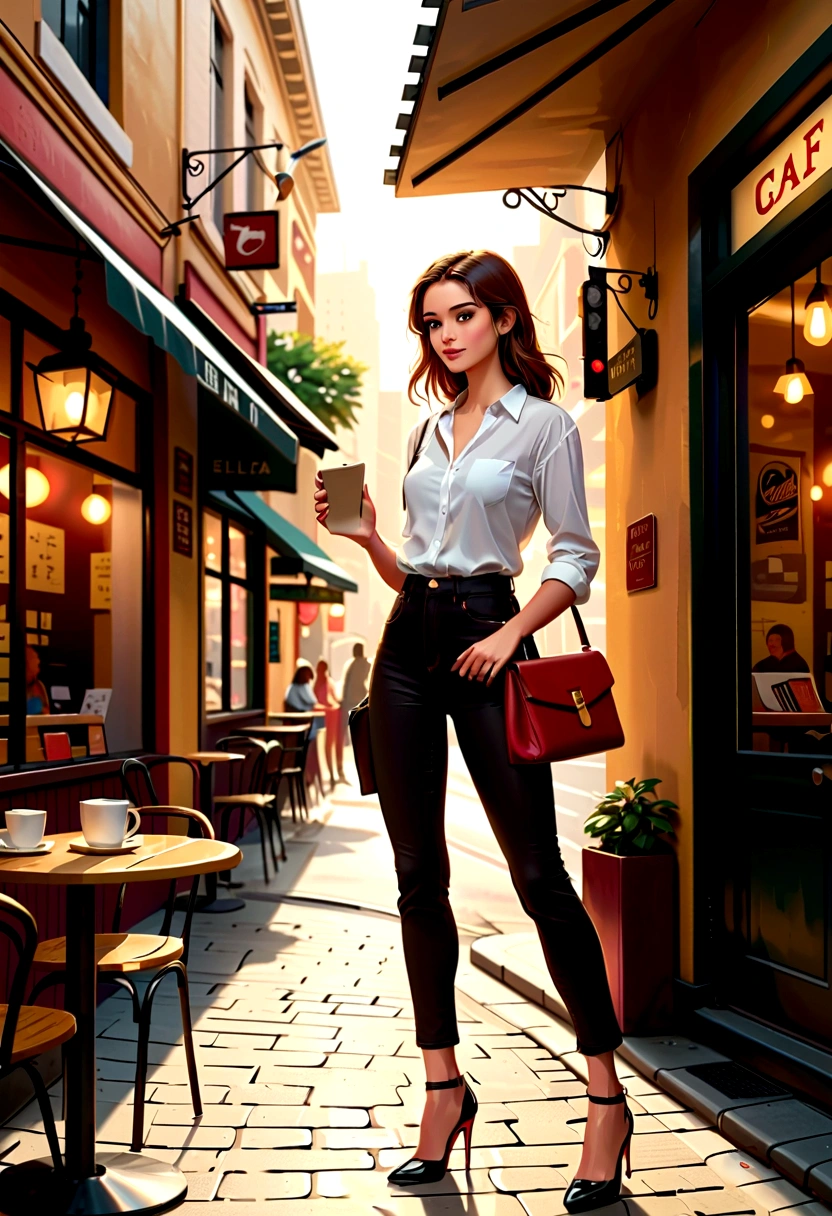 A beautiful young fair girl wearing a white shirt with a red jeans with side brown bag holding a book and phone wearing high heels in a rainy night in bus stop animated drawing