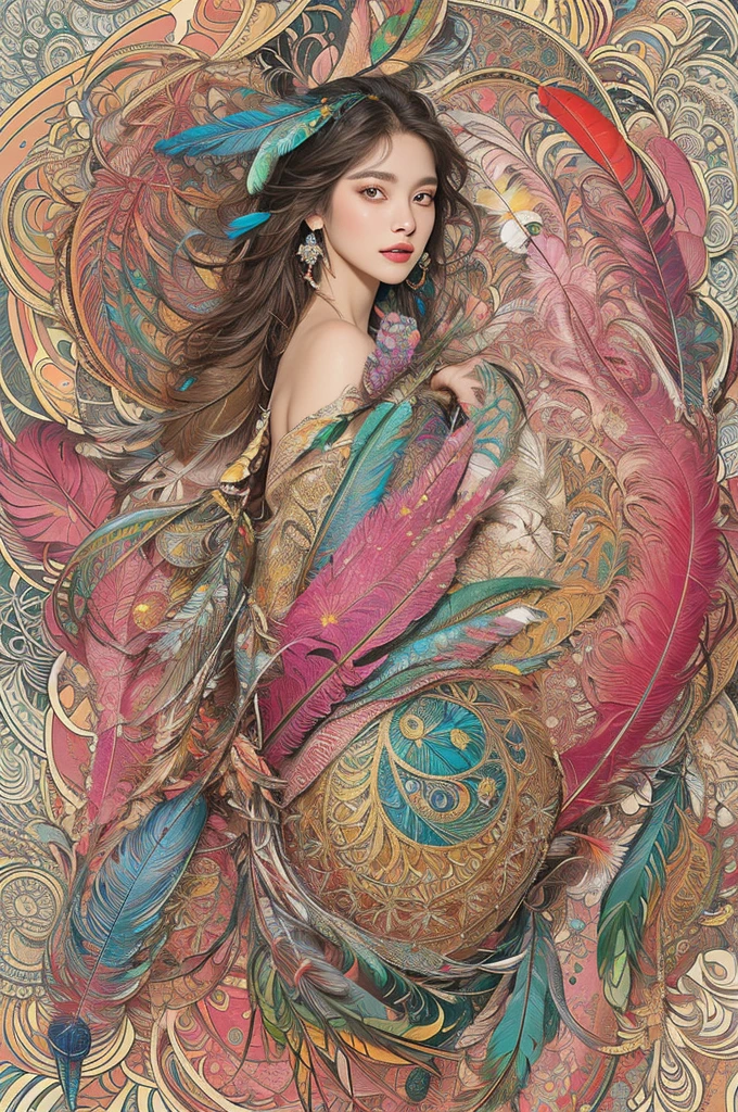 (masterpiece, top quality, best quality, official art, beautiful and aesthetic:1.2), (1girl:1.3), extremely detailed,(fractal art:1.1),(colorful:1.1)(flowers:1.3),highest detailed,(zentangle:1.2), full body, (abstract background:1.3), (shiny skin), (many colors:1.4), ,(earrings), (feathers:1.5),