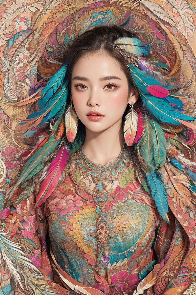 (masterpiece, top quality, best quality, official art, beautiful and aesthetic:1.2), (1girl:1.3), extremely detailed,(fractal art:1.1),(colorful:1.1)(flowers:1.3),highest detailed,(zentangle:1.2), full body, (abstract background:1.3), (shiny skin), (many colors:1.4), ,(earrings), (feathers:1.5),