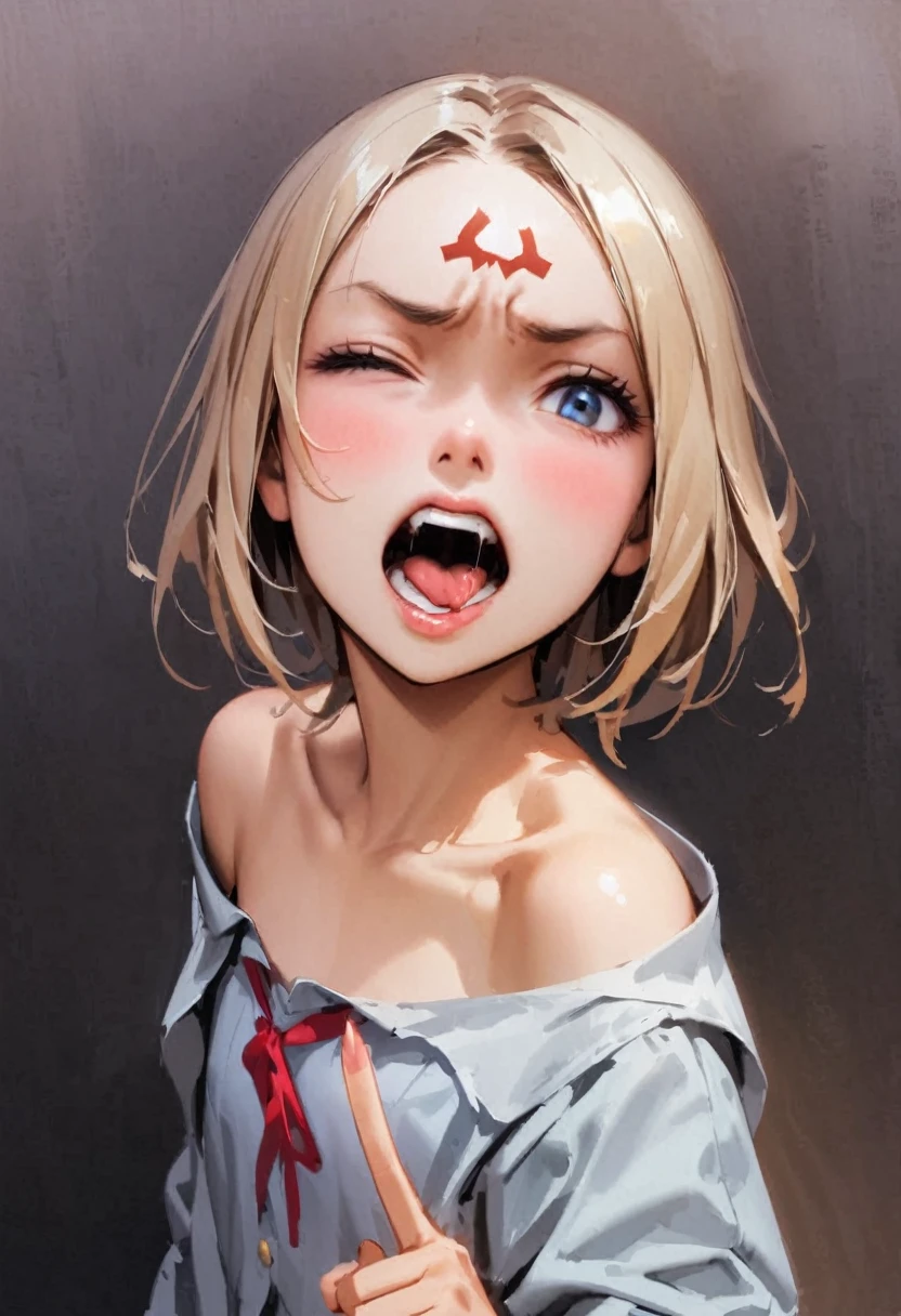 shoot from above、alone、headshot、Lick it with your tongue、Open your mouth wide、teeth、Close-up of face、primary school、School building、In the classroom、forehead、Open shoulder tops、Private Server、Girl、Girl、Short、Younger、Lower school year、Baby Face、flat chest、Angry、Open one eye、Tongue-in-cheek、Raise the middle finger