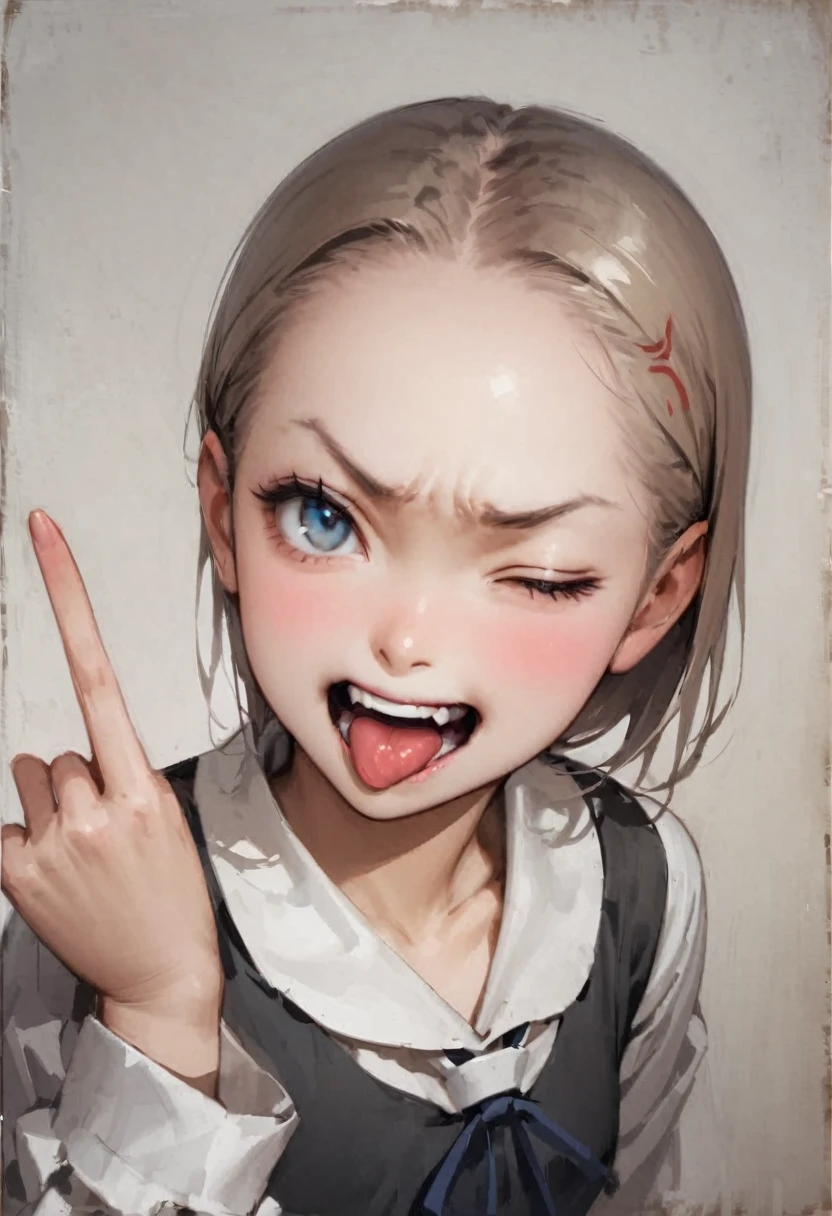 shoot from above、alone、headshot、Lick it with your tongue、Open your mouth wide、teeth、Close-up of face、primary school、School building、In the classroom、forehead、Open shoulder tops、Private Server、Girl、Girl、Short、Younger、Lower school year、Baby Face、flat chest、Angry、Open one eye、Tongue-in-cheek、Raise the middle finger