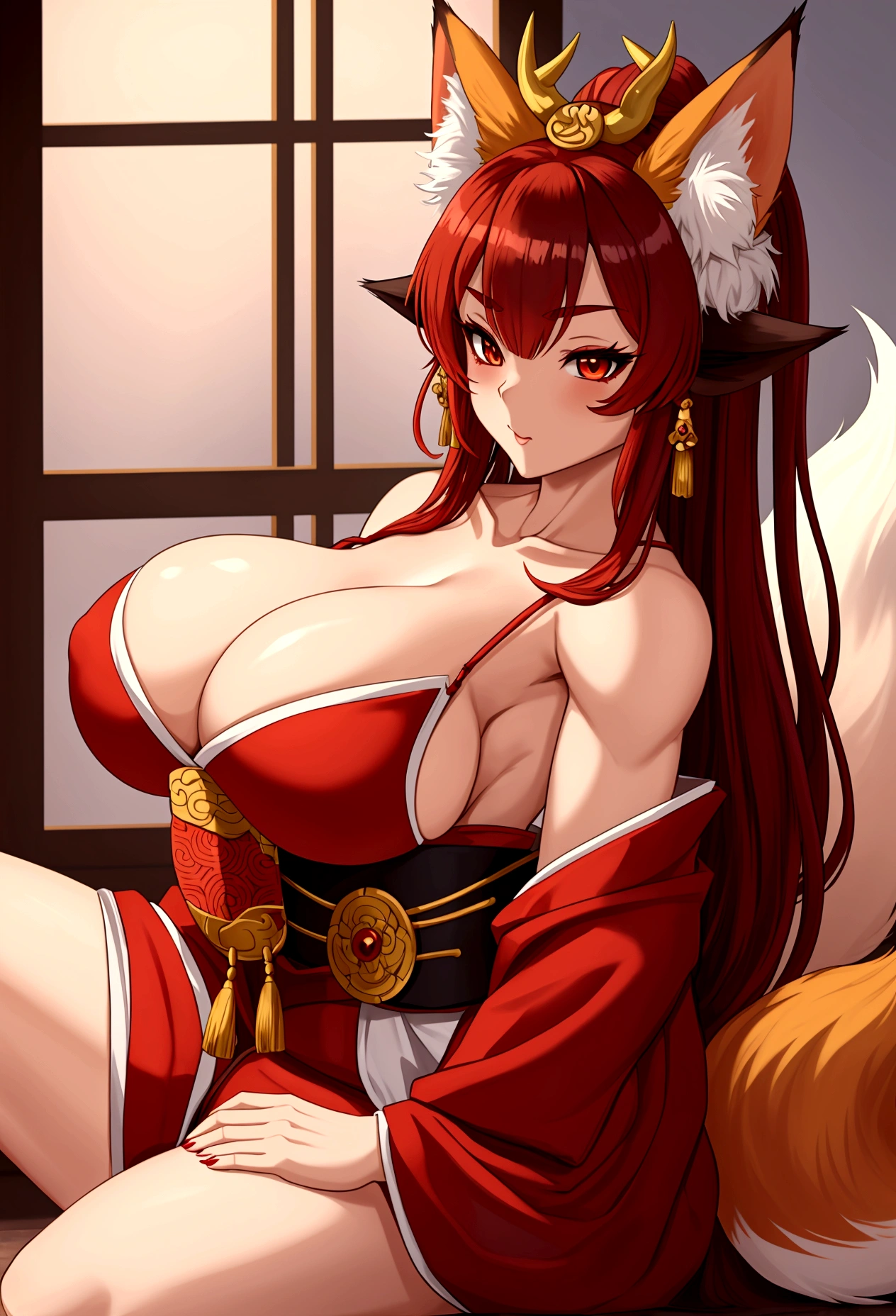 Fox girl extreme muscular body, geisha outfit, fair skin, fox ears, red oni horns, fox paws, 9 fluffy fox tails and gigantic breasts.