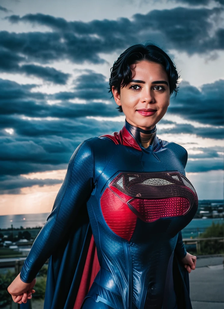 photo of supergirl, short hair, bodysuit, cape, smile, outdoors stormy night, background sky, analog style (look at viewer:1.2) (skin texture), Fujifilm XT3, DSLR, 50mm