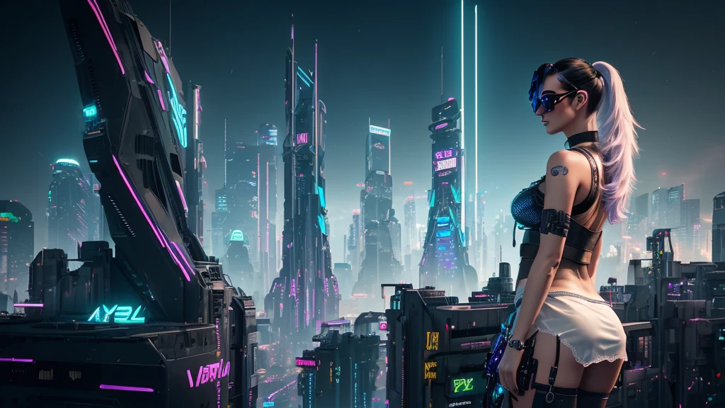 (((1woman, solo))), rainbow light, 3d neon art of a woman's body, cyberpunk femme fatale, seductive cyberpunk dark fantasy, cyberpunk 20 y. o large-breast model girl, (((with black miniskirt and white lace panty, with matrix style black micro sunglasses, long hair))), oppai cyberpunk, banner, high definition cgsociety, cgsociety masterpiece, trending on cgstation, kda, (((((aerial view))))) image of neon-noir cyberpunk city in the background.