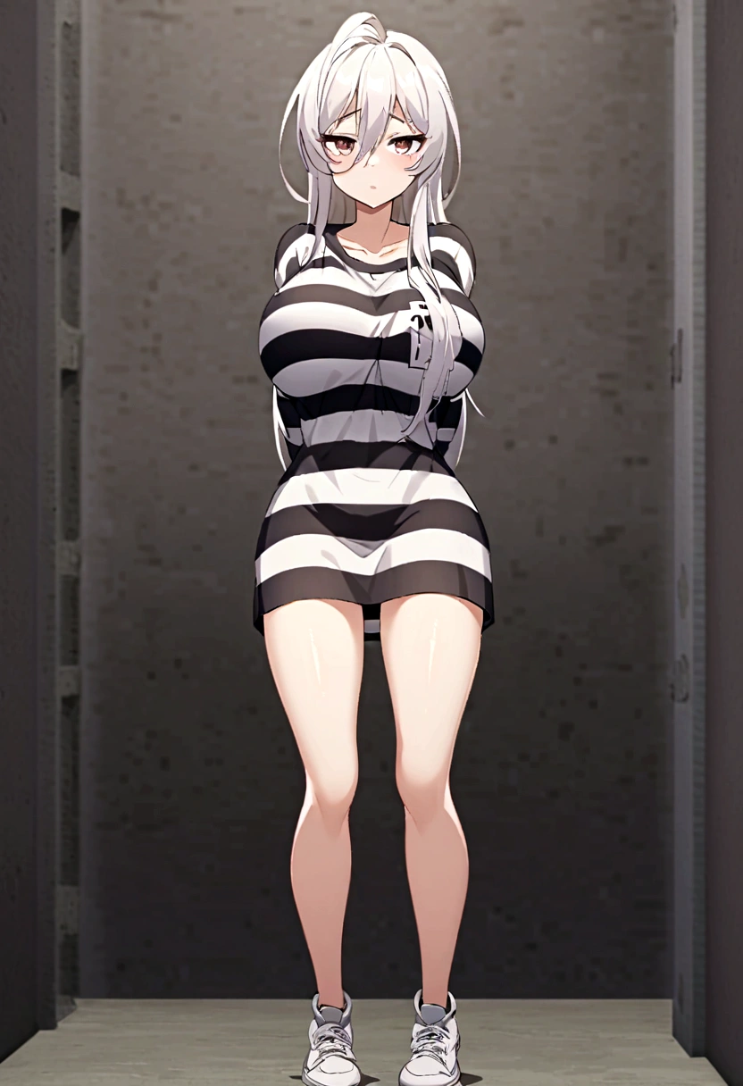 an anime woman 30 years with her arms behind her back, dressed as a prisoner, in a cell, 1 woman, full body, alone, long hair, looking at viewer, shirt, brown eyes, white hair, loose hair, posing, wearing t-shirt striped, with horizontal stripes, black and white striped shirt, big breasts, long sleeves, with (arms behind the back), no pants, bare legs, white sneakers.