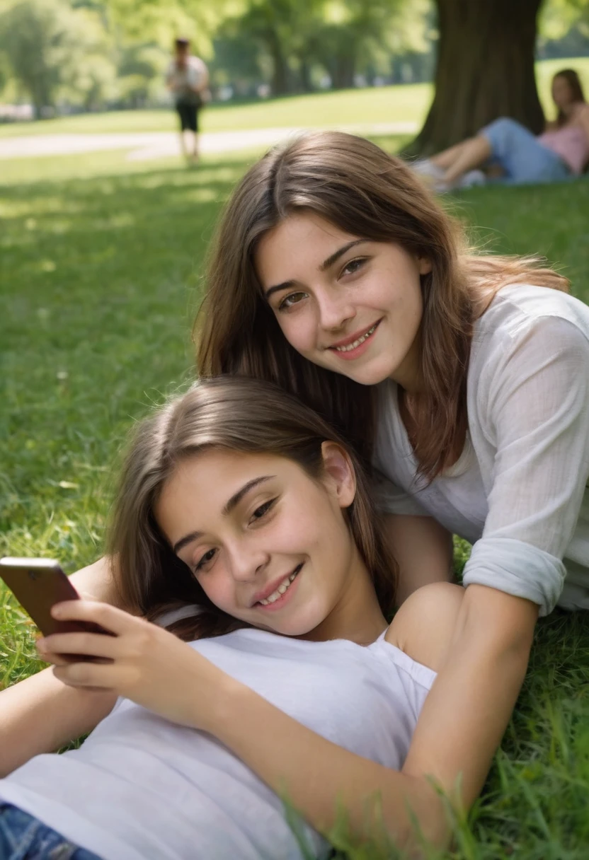 italy. Generate a highly realistic image of two italian teenage girls and a young italian girl lounging in a sunny park. The two teenage girls, around 12years old (small little breasts), and the young girl, about 8 years old (flat chest), are relaxing on a grassy area. All three are dressed in casual summer outfits: mini shorts and light tops. One teenage girl is leaning back on her elbows, legs stretched out in front, with a carefree smile as she chats with the other girl. The second teenager is sitting cross-legged, perhaps with a book or smartphone in hand, her expression relaxed and engaged. The young girl is lying on her stomach, propped up on her elbows, drawing or playing with a small toy, looking content. The park is lush and green, with scattered patches of shade from nearby trees. The background features a picturesque blend of trees, flowers, and a hint of a playground or walking path, populated with a few other park-goers in the distance. The scene captures the warmth of a sunny day, with natural light highlighting the vibrant colors of their clothing and the greenery around them. Include subtle details such as a picnic blanket partially under them, a water bottle, and perhaps a few snacks scattered casually. Their interactions should convey a sense of companionship and relaxation, fitting the peaceful and lively park setting.
