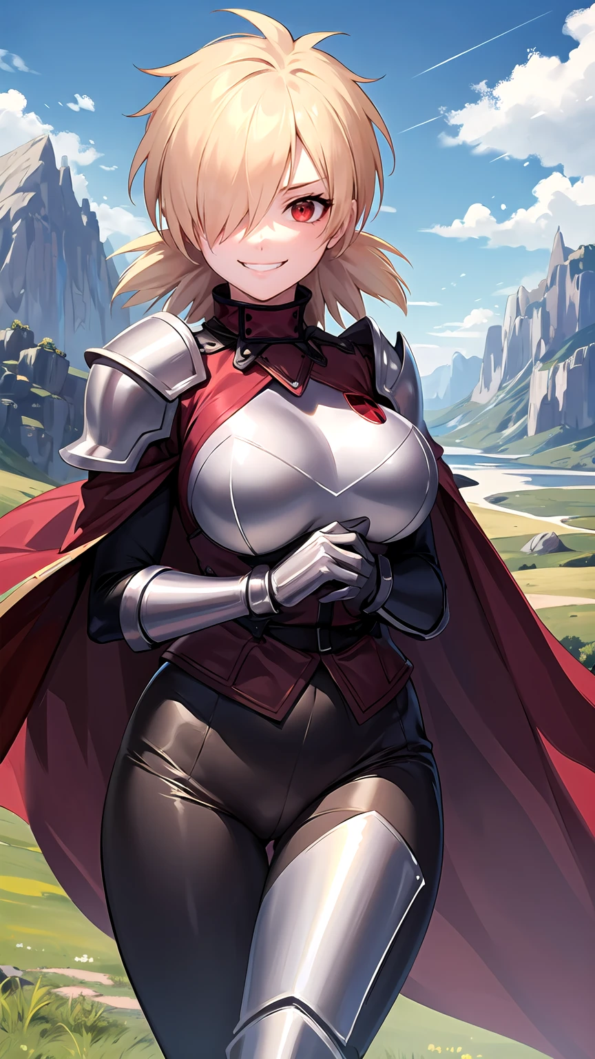 (masterpiece, best quality, detailed), 1girl, solo, seras victoria, hair over one eye, looking at viewer, 
armor, breastplate, armored dress, cape, gauntlets, shoulder armor, bodysuit, outdoors, mountain, castle, fantasy, scenery, sky, hands behind back, smirk, red eyes,  boob window, breast window, sexy