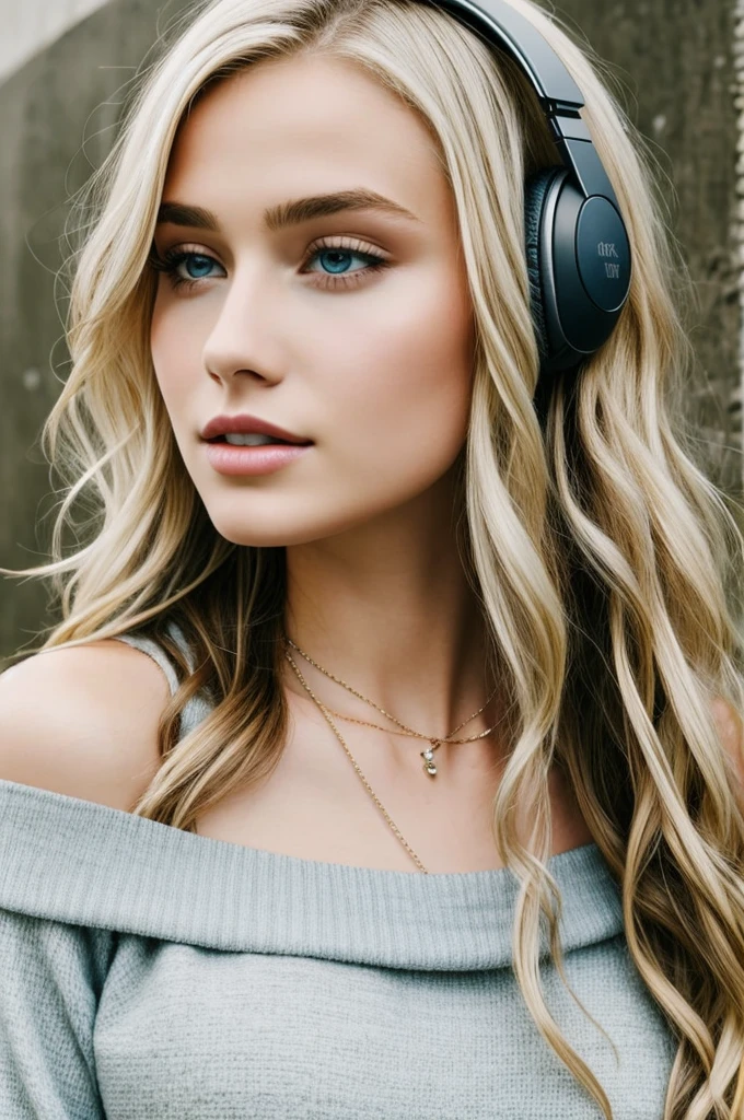 One Girl, Age 1５age, alone, Long Hair, huge , View your viewers, Blonde, Bare shoulders, Blue eyes, gem, whole body, necklace, Off the shoulder, sweater, Realistic, Sexy、headphone