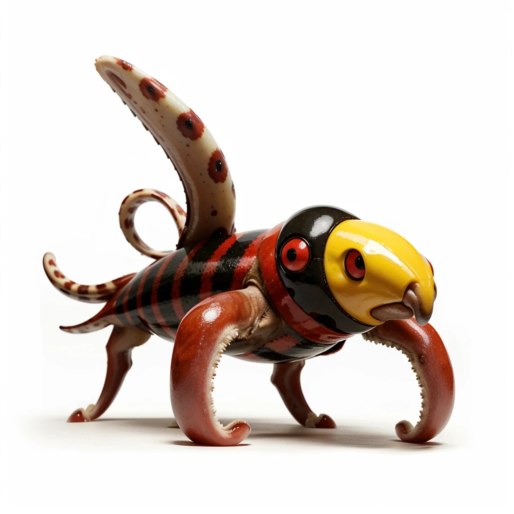 Big Animaly, has red stripes on his skin, yellow eyes, squid mixed with atom, Grassroots, no background
