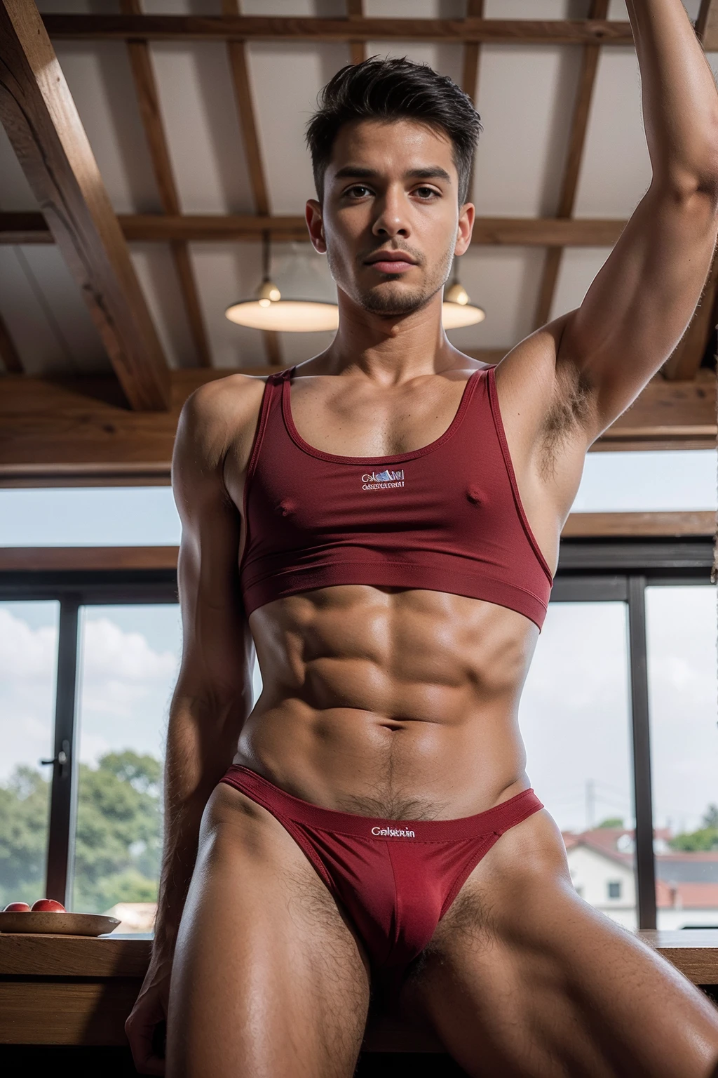 1boy wearing  a tight red apple Calvin Klein men's underwear and curved legs., hyperrealism, highly detailed background, 8k uhd, dslr, soft lighting, high quality, film grain, Fujifilm XT3, HD, Sharp, OverallDetail, 3d, oc rendering, unreal engine, detailed face, detailed skin, detailed eyes, realistic,