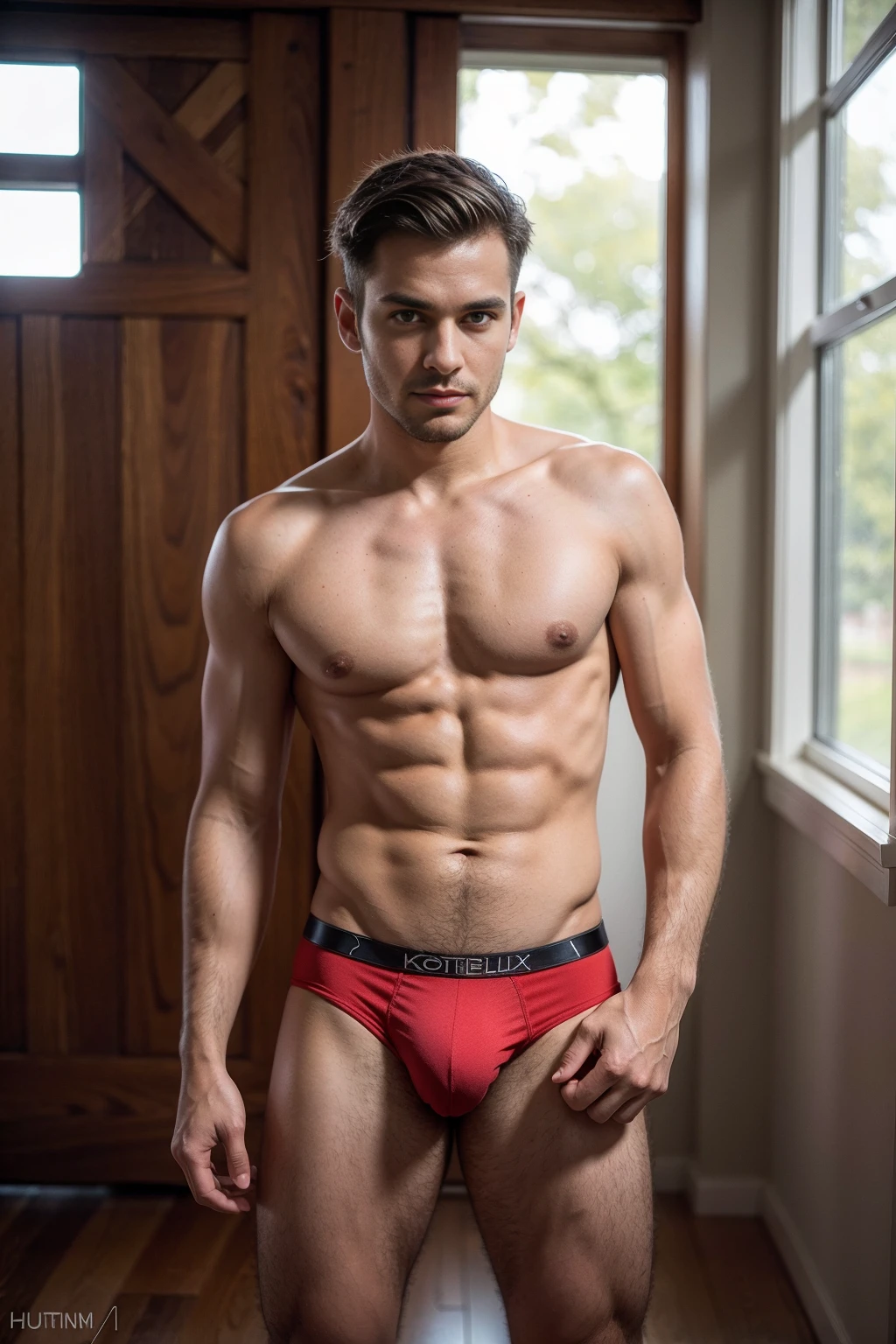 1boy wearing a tight red apple Calvin Klein men's underwear and curved legs., hyperrealism, highly detailed background, 8k uhd, dslr, soft lighting, high quality, film grain, Fujifilm XT3, HD, Sharp, OverallDetail, 3d, oc rendering, unreal engine, detailed face, detailed skin, detailed eyes, realistic,