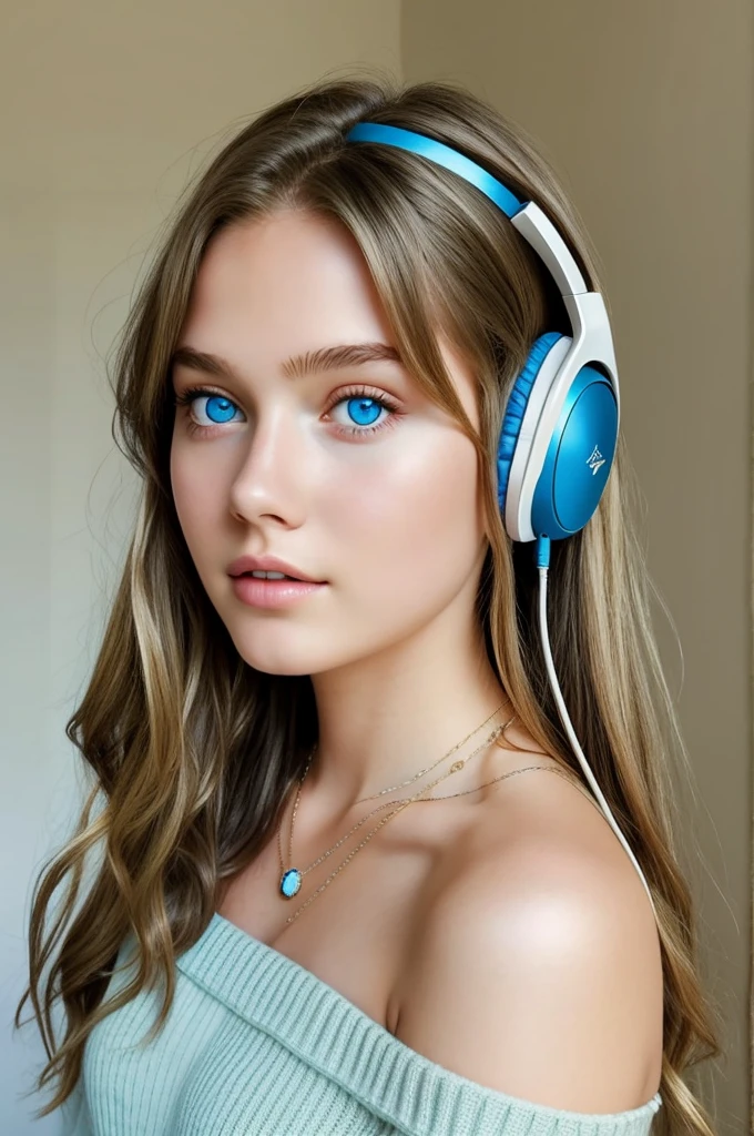 One Girl, ５age, alone, Long Hair, huge , View your viewers, Blonde, Bare shoulders, Blue eyes, gem, whole body, necklace, Off the shoulder, sweater, Realistic, Sexy、dphone