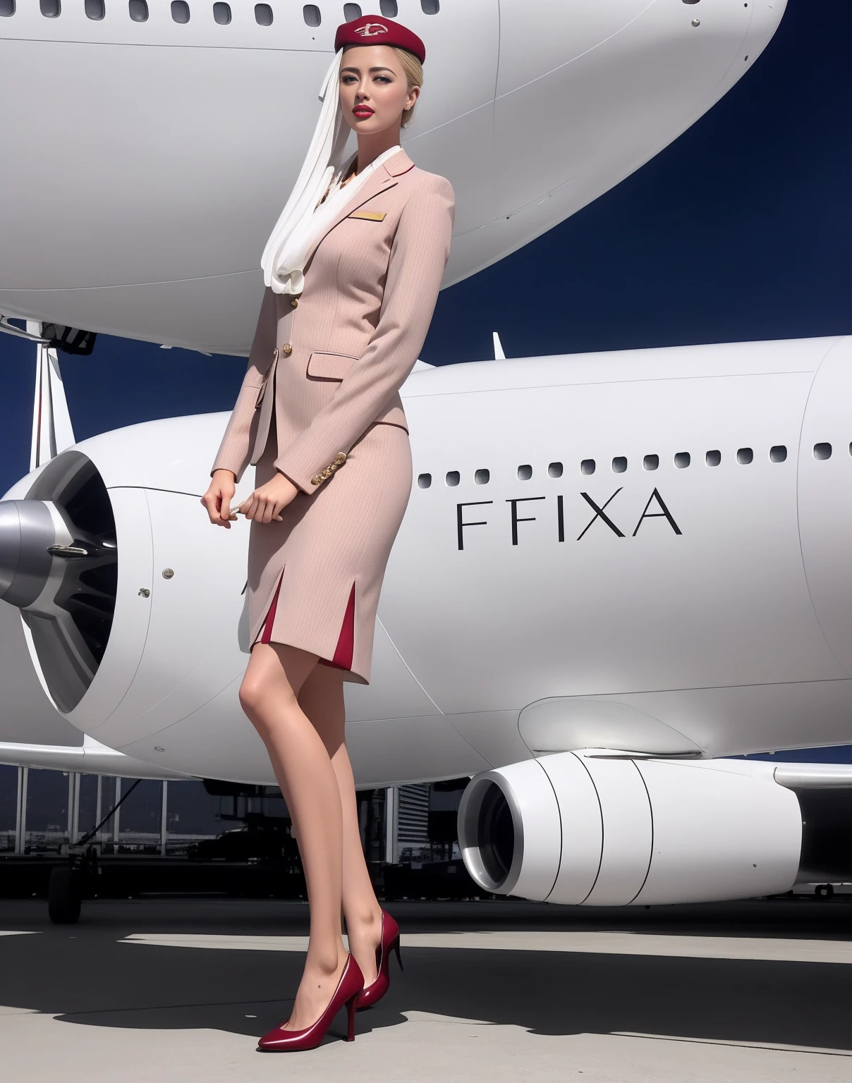 Araffe in uniform FLIGHT ATTENDANT PIN UP GIRL and high heels next to an CABIN AIRPLANE., full body shot, full body in view, FLIGHT ATTENDANT fina, intricate and detailed lace set., close up full body shot, clear portrait of AMBER HEARD, 20 years, blonde, full body closeup closeup, intense detail, burgundy DRESS, side shot, mini skirt, Full body closeup, 90 60 90,  beautiful elegant pose, NATURAL PRESSED BREASTS