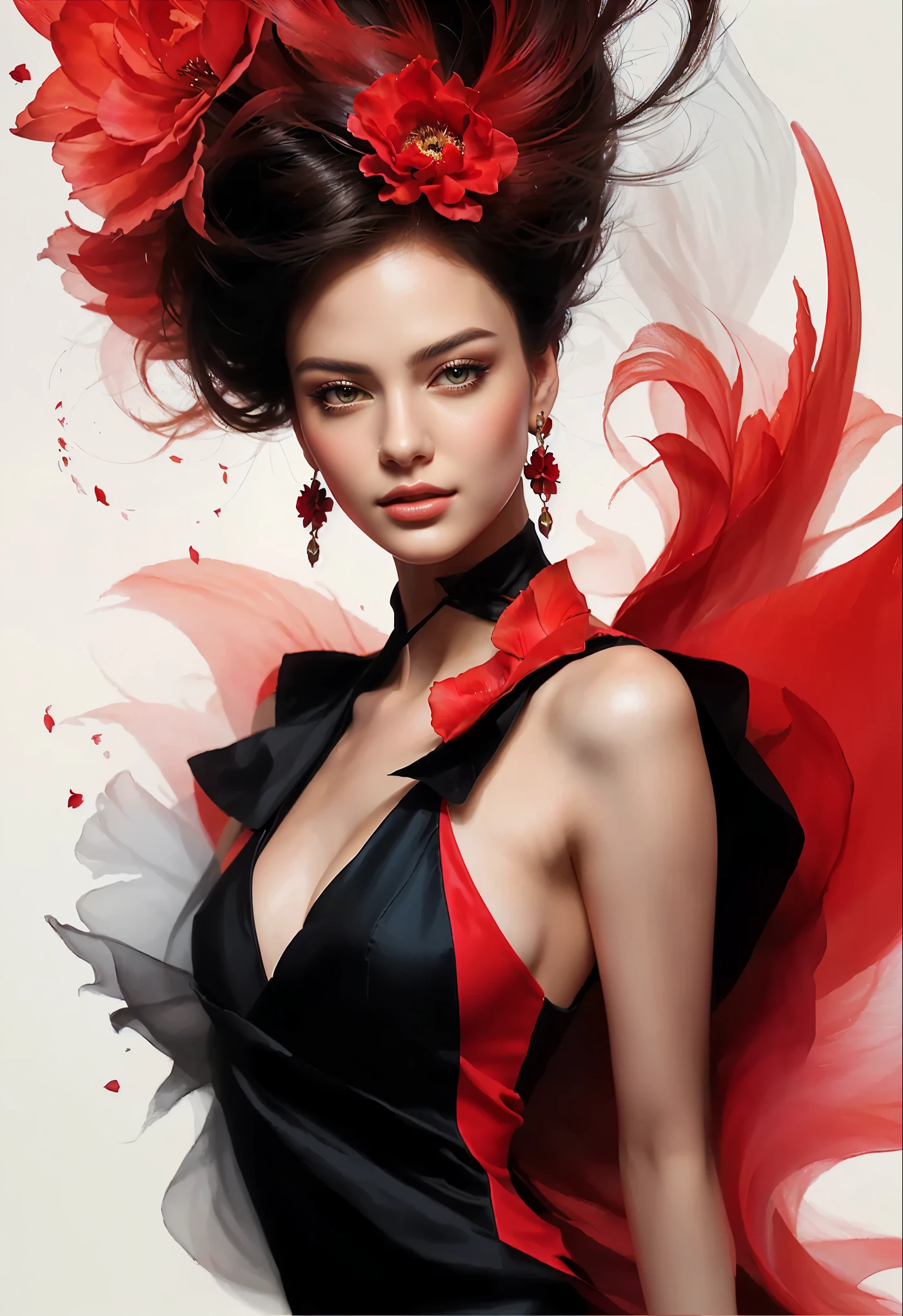 arafed image of a woman with a red flower in her hair, exquisite digital illustration, stunning digital illustration, karol bak uhd, gorgeous digital art, in style of digital illustration, style digital painting, beautiful digital artwork, beautiful gorgeous digital art, sultry digital painting, elegant digital painting, stunning digital art, glossy digital painting, in style of digital painting