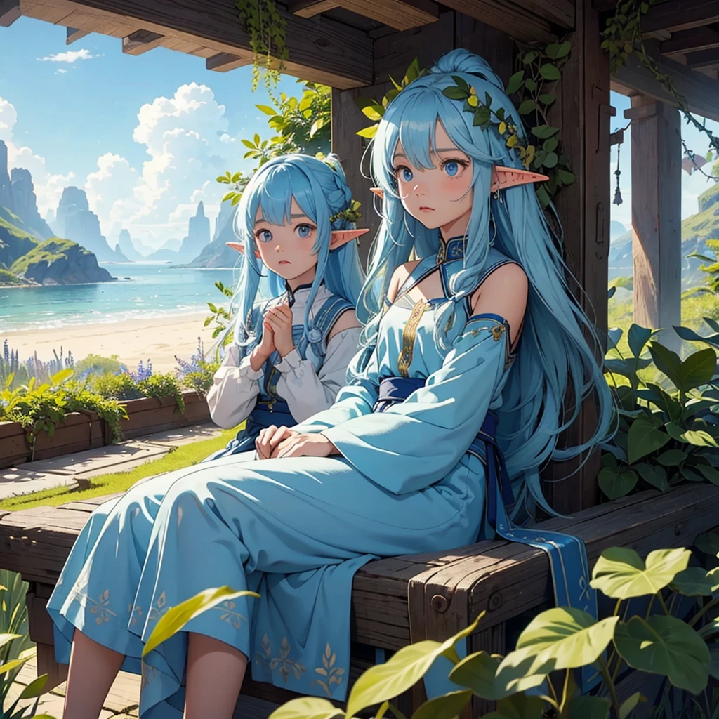 Medium shot of Jäänamileet sitting alone.
Jäänamileet: little elf girl, chibi proportions, around 5 years old, with long sky-blue hair and sky-blue pupilless eyes, wearing simple outfit, flowing garments made from natural fibers, adorned with subtle elven patterns.
Background: Room decorated with nature motifs, filled with plants.
Action: sorrow expression