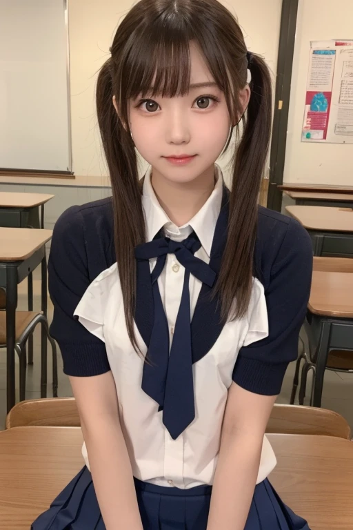 Tabletop, Highest quality, (beautiful girl:1.3), (:1.2), Very fine grain definition, (Symmetrical eyes:1.3), ((Browsing Caution)), (school uniform, Cute Skirt:1.3), Beautiful breasts, Brown eyes, Parted bangs, Brown Hair, Upper teeth,Twin tail hairstyle,2 girls,