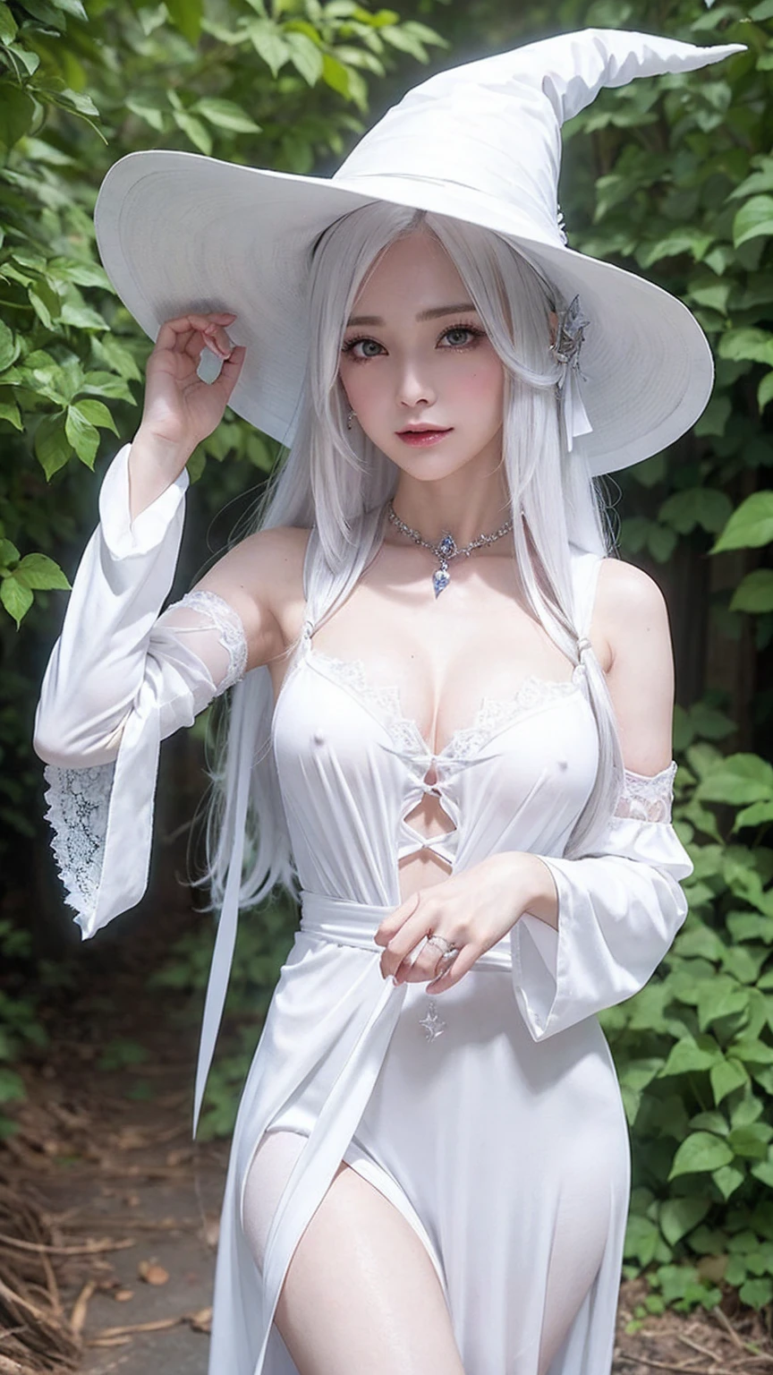 (A revealing white witch cosplay、Witch Hat、Witch&#39;s wand、Witch&#39;s Short Skirt、Witch Boots、Sit by the window)、Embarrassed expression、Worried brow、Braiding, Thighs、Camel Toe、knees、Big nipples、Chest to chest, choker、Standing、Beautiful eyes、Gorgeous earrings、Beautiful woman with perfect figure、Slim Abs、Thick brown hair, Big boobs bigger than your head:1.4, Highly detailed face and skin texture, double eyelid, Exposed breasts,  (Fishnet tights)、(Fantasy Background:1.4)、(Show your nipples to viewers:1.4)