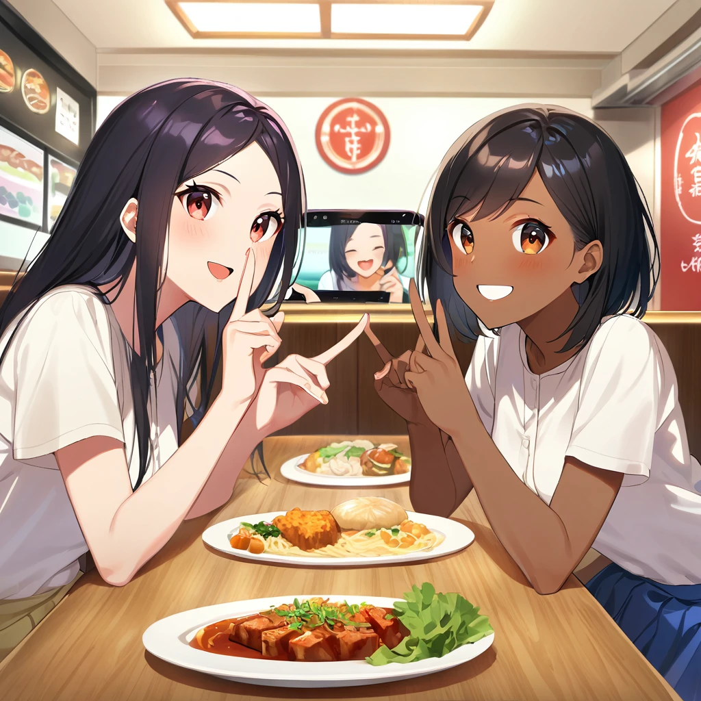 A confident smile, Taking a photo at a family restaurant,They seem to enjoy themselves,短いBlack Hair, Brown eyes,Brown Skin,2 students、Use a gesture commonly associated with the peace sign while speaking (Tele from the restaurant), skirt, Black Hair, indoor, meal, shirt, ((((Complete faithful finger))))