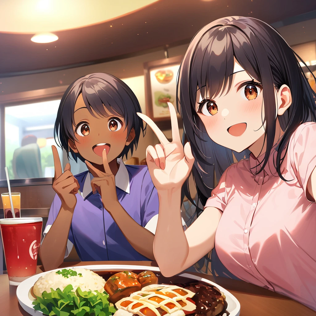 A confident smile, Taking a photo at a family restaurant,They seem to enjoy themselves,短いBlack Hair, Brown eyes,Brown Skin,2 students、Use a gesture commonly associated with the peace sign while speaking (Tele from the restaurant), skirt, Black Hair, indoor, meal, shirt, ((((Complete faithful finger))))