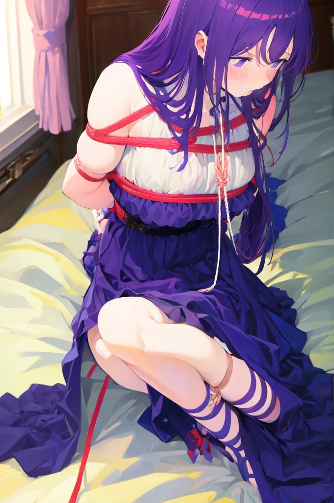 restrained, shackles, rope、Purple Hair、Semi-long hair、White underwear、White panties、On the bed、Blushing、