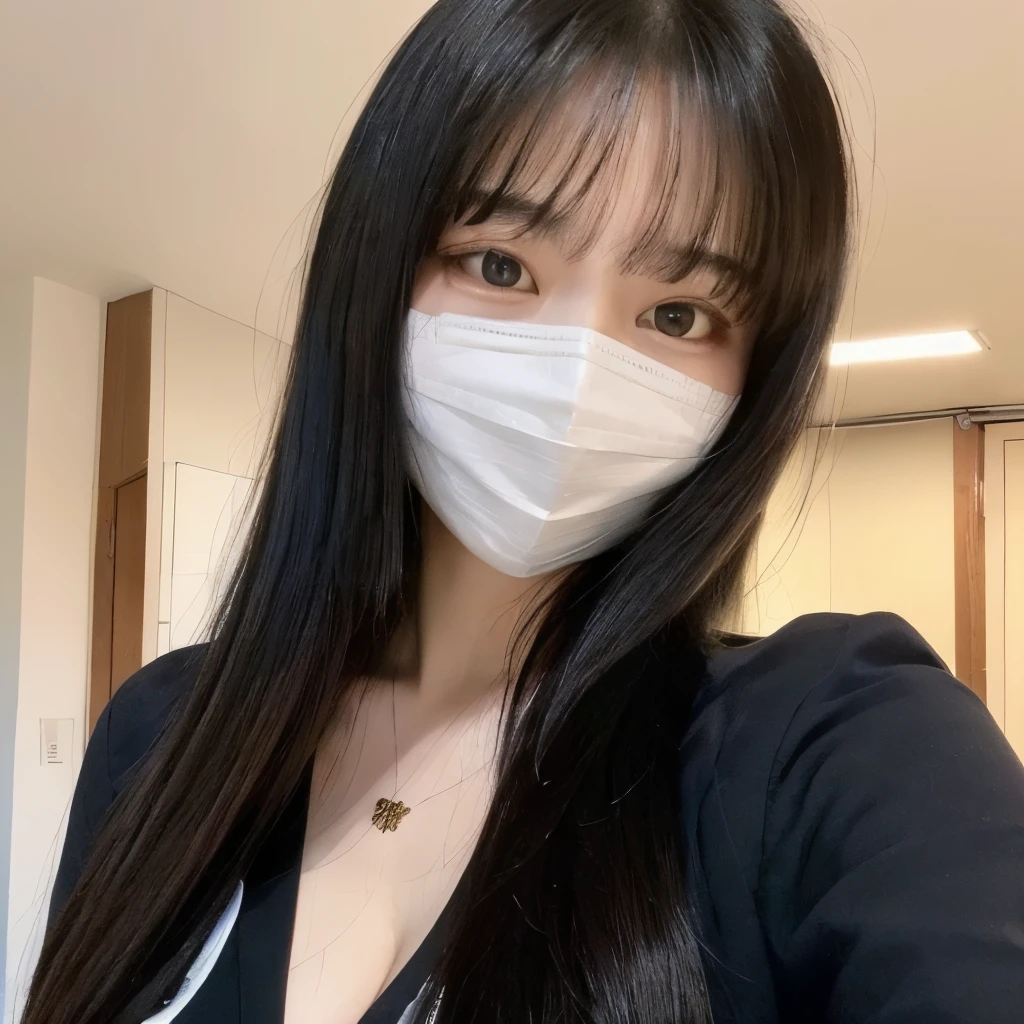 ((Highest quality, 8K, masterpiece: 1.3)), One Girl, (Long black hair、casual, Big Breasts: 1.2), Bobbed Bangs、wearing business shirt, mask, older sister、Super Fine Face, Delicate eyes, double eyelid, smile