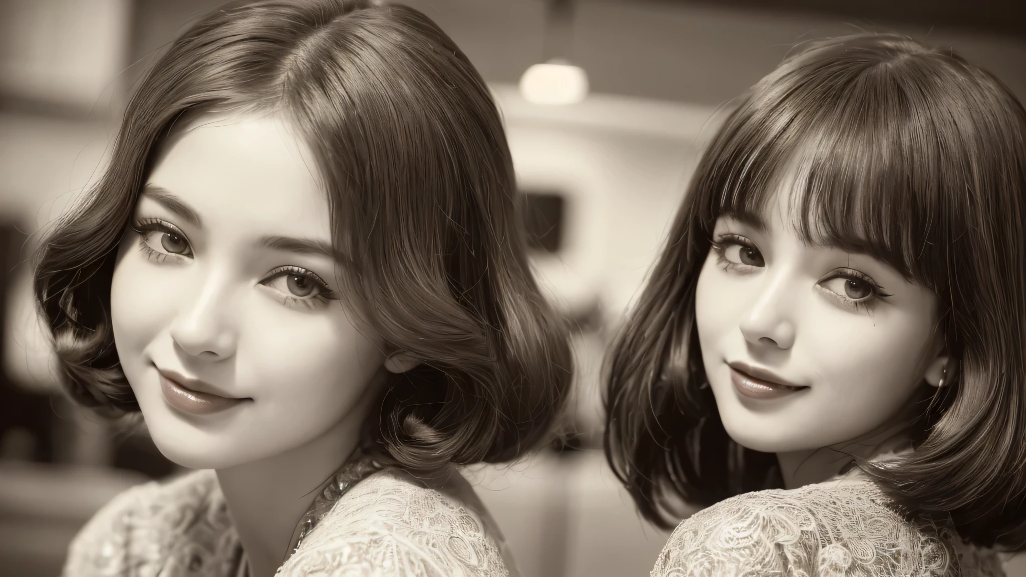 (1970s women:1.3), (1women:1.3), smile shyly, (highly detailed face), (extremely detailed beautiful face), (Early Showa hairstyle, retro hairstyle, 1940 fashionable clothing, oldies fashion:1.3), (Best Quality:1.4), (Ultra-detailed), extremely detailed CG unified 8k wallpaper, Realistic portrait, Beautiful detailed, High-definition raw color photos, professional photography, (fine face:1.2), focus on women, (oldies, oldies songs, Old photos, retro photos, sepia photos, valuable photos that give you a sense of the times), A scene from a retro movie from the 1970s,