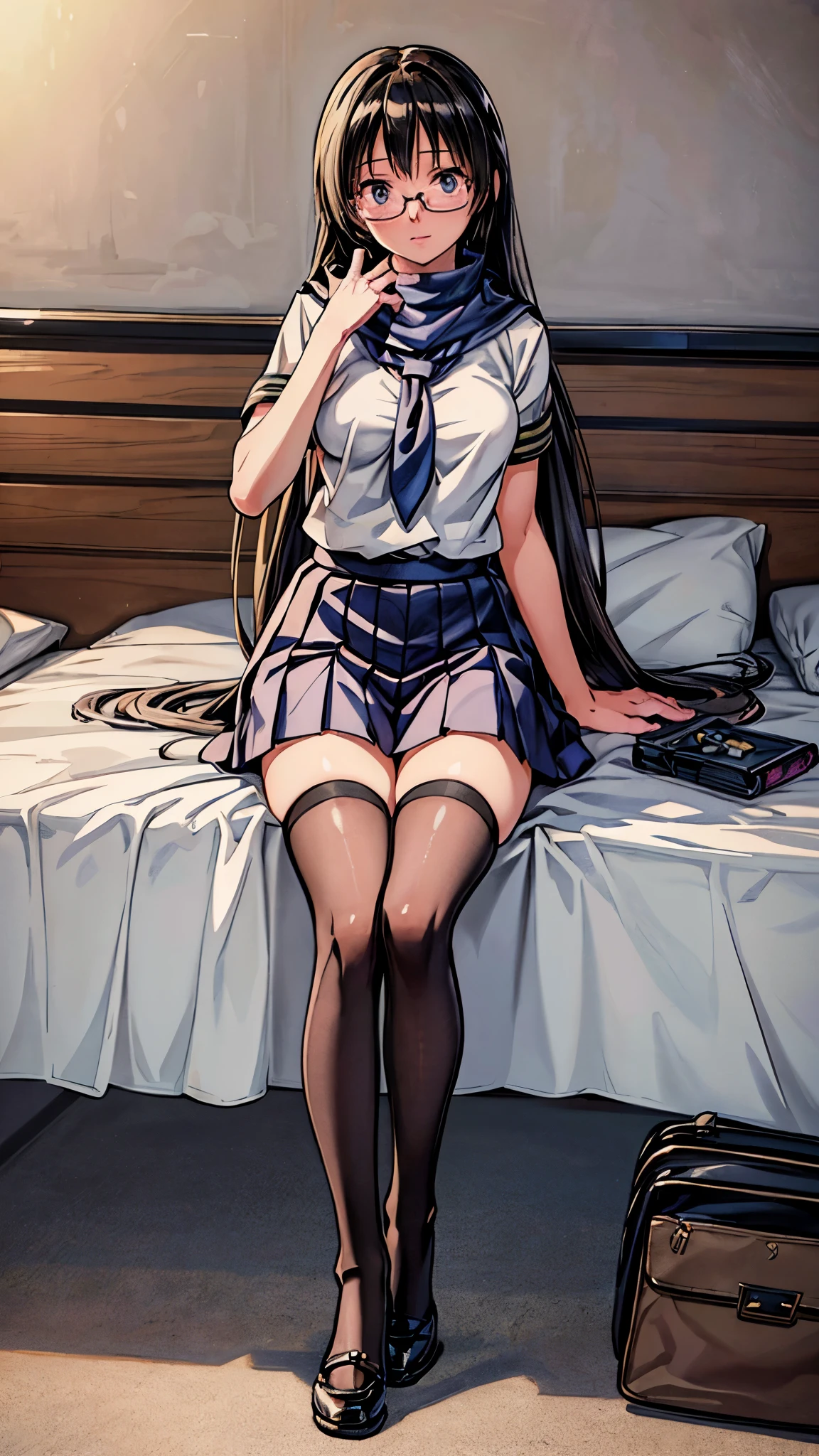 (highest quality,4K,8K,High resolution,table top:1.2), super detailed, (realistic,photorealistic,photo-realistic:1.37), ((full body)),(one 17 years old girl),(Glasses Girl),(rage),(Perplexed),(black hair),(long hair),((school-uniform)),(Scarf),(high socks), (pumps),(have a school shoulder bag),beautiful and fine eyes, beautiful detailed lips, highly detailed eyes and face, long eyelashes, realistic anime 3D style, Smooth anime CG art,Moe anime art style, photorealistic rendering of an anime girl,Cute anime girl visuals, realistic young anime girl, girl fan art, Created by Anime Artist Waiting to start