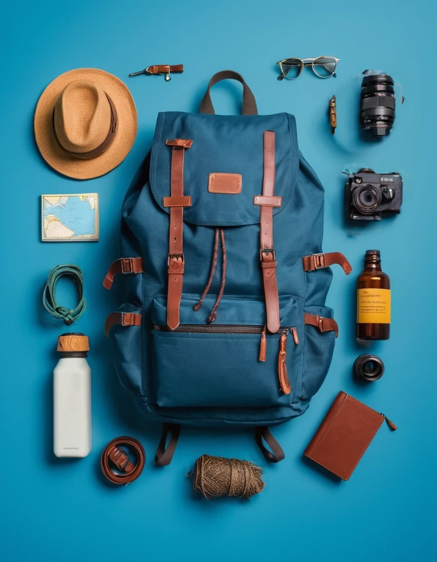 travel accessories, backpack, on blue background #9AC8EB et rose #DB6A8F très réaliste haute qualité 8k ajouter valise