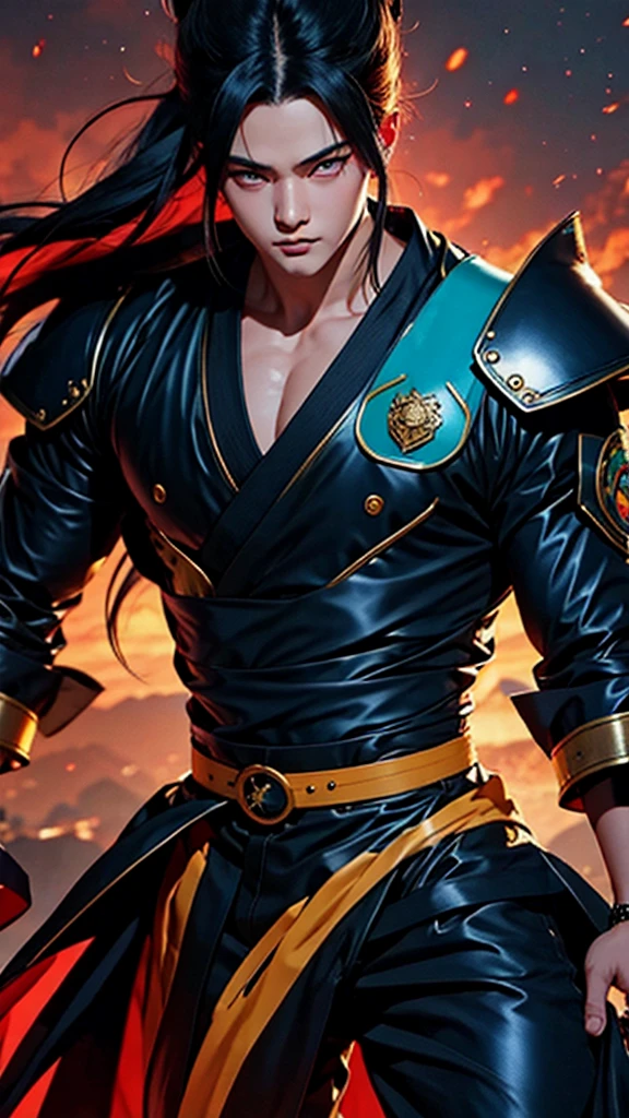 "Cheerful Madara 20 years old is a real masterpiece with masculine beauty, perfect anatomy. Olpntng style, colorful rainbow, black samurai outfit, clean design, epic Instagram, artstation, full streaks of colored paint, circles, outlines. When you look at his beautiful eyes, you will clearly see every little detail and perfect line, every detail on the skin is beautiful in 8K quality, people We will be captivated by the confidence radiating from every look. His head has black hair and his face is drawn meticulously in every detail with 8K image quality.''