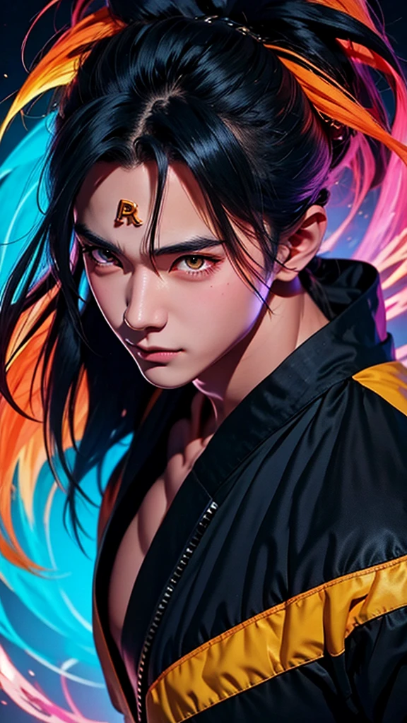 "Cheerful Madara 20 years old is a real masterpiece with masculine beauty, perfect anatomy. Olpntng style, colorful rainbow, black samurai outfit, clean design, epic Instagram, artstation, full streaks of colored paint, circles, outlines. When you look at his beautiful eyes, you will clearly see every little detail and perfect line, every detail on the skin is beautiful in 8K quality, people We will be captivated by the confidence radiating from every look. His head has black hair and his face is drawn meticulously in every detail with 8K image quality.''