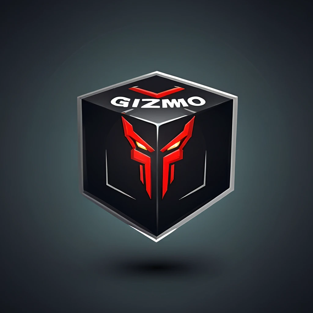 logomkrdsxl,an  edgy logo  of a 3D Cube with Cross ,  vector, text "Gizmo",  best quality, masterpiece, Army, brand, dark background, glowing red eyes,