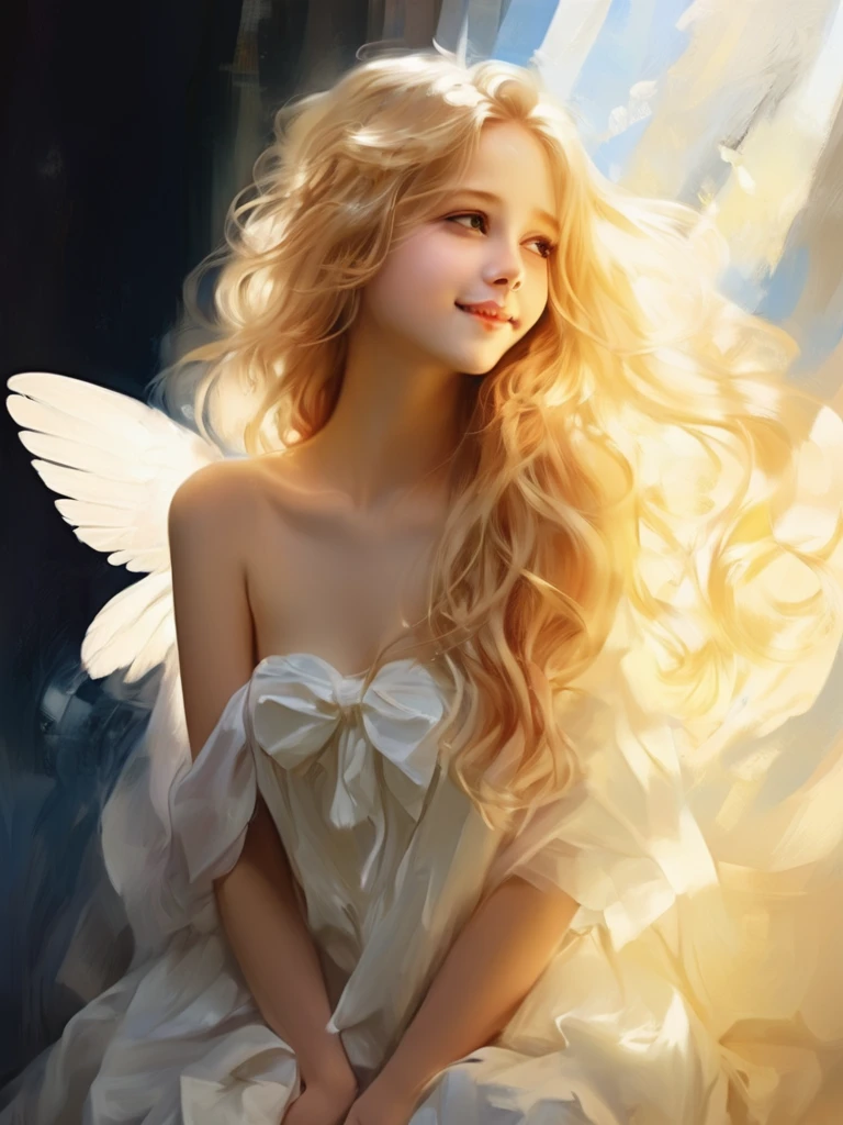 1 Angel Girl, Wings on your back、Blonde, Long Hair, alone、smile、magic, Strapless White Dress、Hopeful Face、