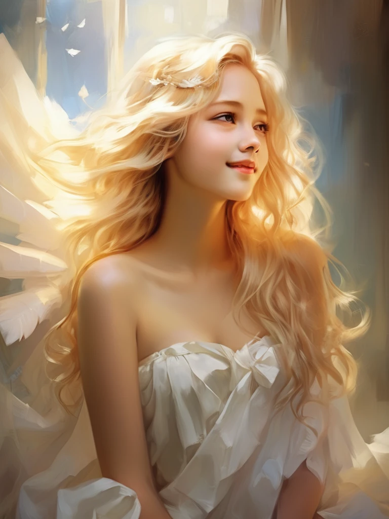 1 Angel Girl, Wings on your back、Blonde, Long Hair, alone、smile、magic, Strapless White Dress、Hopeful Face、