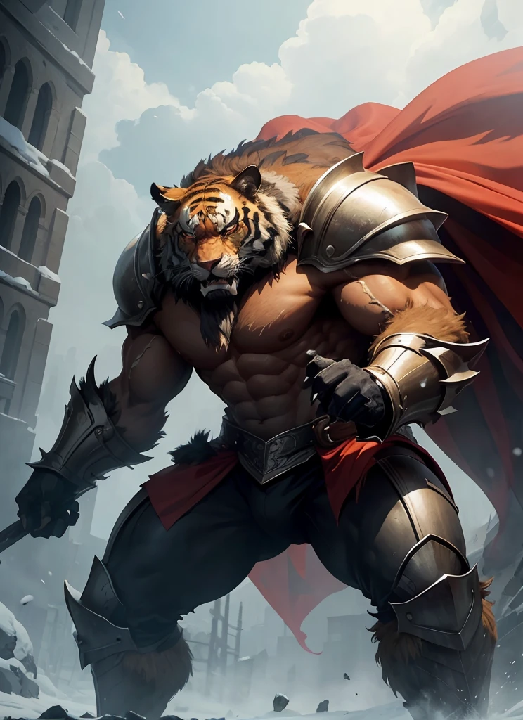 1Big whiteorange royal tigerhuman, scarry,red blood ,big claw, hunger, frozen blackground, stronger, animal, stand on to legs, big, old,snow cloth, lycan, fantasy, wearing armor coat,