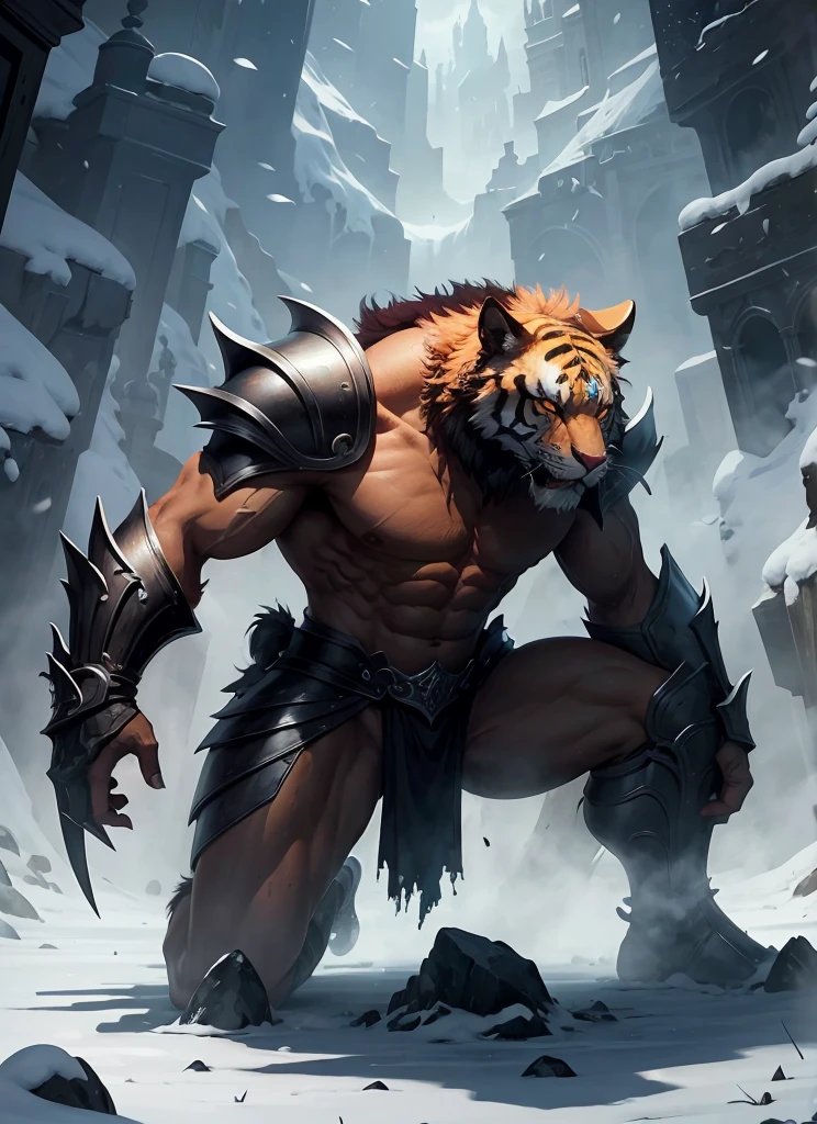 1Big whiteorange royal tigerhuman, scarry,red blood ,big claw, hunger, frozen blackground, stronger, animal, stand on to legs, big, old,snow cloth, lycan, fantasy, wearing armor coat,