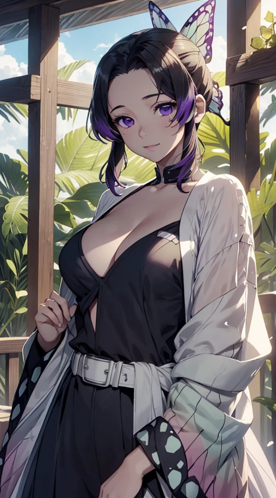 Ultra-realistic 8k CG,Masterpiece,((Ultra detailed backgrounds,delicate patterns,complicated details)),The best quality in the best.,very very very detailed face,very detailed eyes and faces,very detailed eyes,Kochou Shinobu,The multicolored hair,no bangs,hair intakes,Purple eye,Haori,butterflies,obi chicken,(tropical garden:1.2),flor Purpura,mostly cloudy sky,Sun rays,Tyndall effect,gradient_sky,face,beautiful sky,Sable on the waist,captivating posture,(big breasts:1.3),(neckline:1.3),(off-chest clothing :1.6) naked
