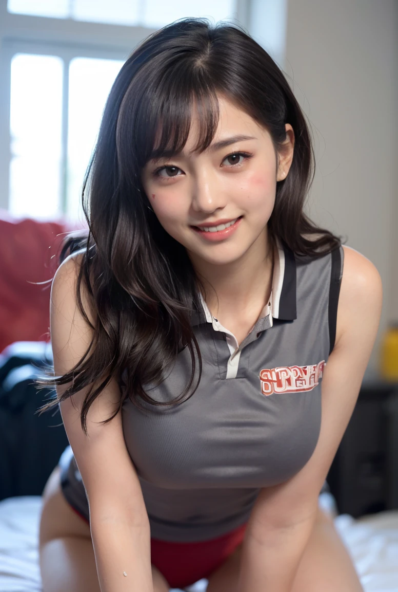 (((touch own breasts and show own breasts:1.8,underboob))),(((touch own breasts and show own breasts:1.8,underboob))),(((neat woman,cowboy shot,kneeling on the bench,japanese gravure idol pose))),(((kind smile:1.9,blush,red cheek:1.9))),red cheek, (Photo real:1.4)、(A hyper-realistic:1.4)、(Photorealistic:1.3)、 (gentle lighting: 1.05)、(Improve the lighting quality of your video:0.9)、 32k、25years old woman、photorealistic lighting、Back lighting、Facial Lights、Ray Trace、(bright:1.2)、(Increase quality:1.4)、 (best quality real texture skin)、Fair eyes,delicate face、 Close-up of the face,  ((((Wearing the dark grey volleyball uniform))),(((little sweat))), high-neck,sleeveless,strings panties,slender panties,high-heel,blue caps))),(Bodyline mood improvement:1.1)、Glossy skin、good figure,perfect anatomy,Beautiful actress,(((beautiful very huge breasts,slender waist,slender hip,long slender legs,8heads tall))),(((8heads tall))),(((very short wavy hair,bangs))),(((sweat skin,shiny skin,in the beautiful awesome rocker room of olympic games,super clean night view,in the night))),