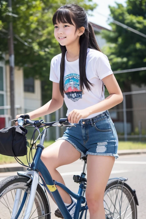 A  student wearing denim shorts is riding a bicycle