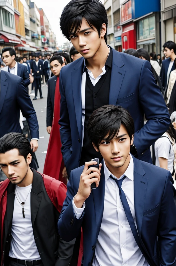 An anime picture of a handsome man wearing clothes and people taking pictures all over.