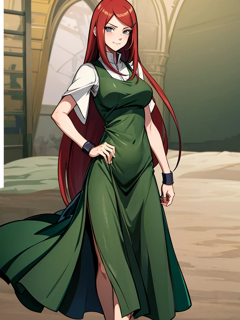 uzumaki_kushina, large_breasts, standing, solo, kushina_green_dress, masterpiece, best quality, detailed face, detailed eyes, highres, smile, (masterpiece:1.4, best quality:1.2), (Highres), (Detailed Illustration), Ultra-Detailed, konohagakure, uzumaki_kushina, kushina_green_dress, standing straight, looking in front,