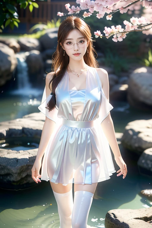 waterfall hot spring background at night，(8K Ultra HD、Digital SLR Camera、Soft Light、high quality、Volumetric Lighting、frank、photo、high resolution、4K、8K、Bokeh)，(Rich details on the eyes and face，warm color, Very saturated colors，Show a charming smile, Willow Leaf Eyebrows，Apricot eye prick，Cherry Blossom, mouth close, Balanced Eyes, Oval face，Perfect face, Pretty Face, Skin is transparent and visible, Fine-skinned tender meat，cosmetic, (Glasses),earrings，Bracelet，necklace, Jewelry，veil，Hair accessories)，(Create stunning images of real girls, warm light, Dynamic poses, Elegant Posture, Cowboy lens, Full body front view，Looks confident from the front，Body front facing the camera，Standing posture facing the camera，Open your legs slightly，Golden Ratio Graphics，Minimalism ), Southeast Asian women，Waist-length hair，Messy Hairstyle, Gradient hairstyles，Cyberpunk hairstyle，(Transparent clothes：1)，Pink clothes，Thin clothes。Transparent mesh clothes，Transparent clothes，Transparent shirt，Transparent louver skirt（Sexy，Perfect breast shape、very detailed breasts，34E cup），No underwear，（Super high waist，Waist hollow，Levain），Black socks.（Transparent knee socks、吊garter，Leg ring，garter、腿部garter）