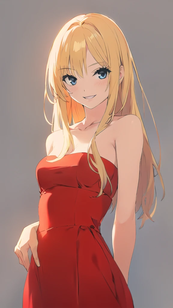 solo, 1girl, strapless, red midi dress, simple background, seductive smile, middle breasts, middle hair, blonde